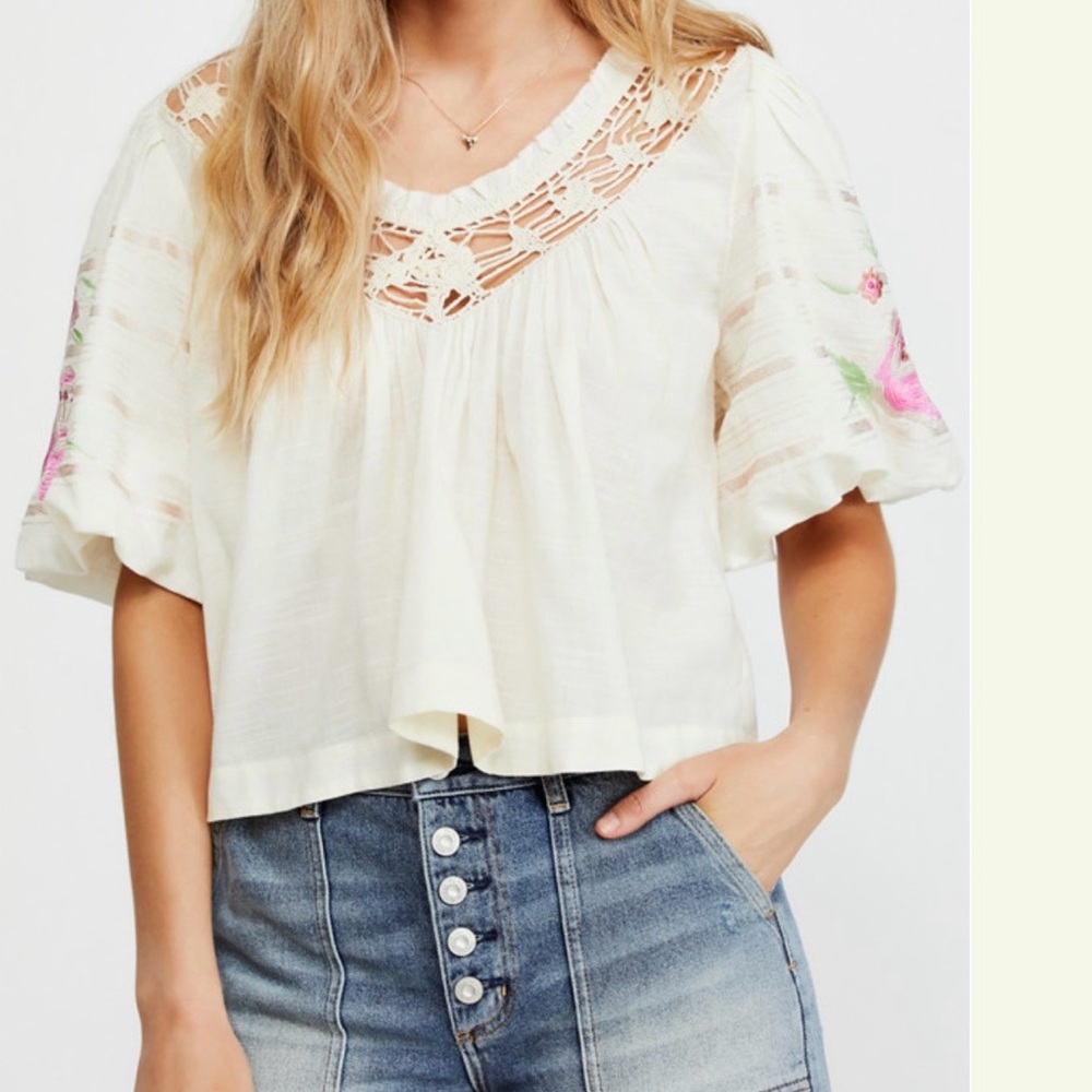 Free People Cream Embroidered Crochet Yoke Blouse Small